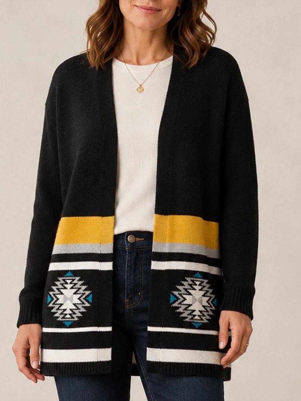 Cotton & Rye Longline Open Front Cardigan Black Yellow L Boho Southwestern Aztec